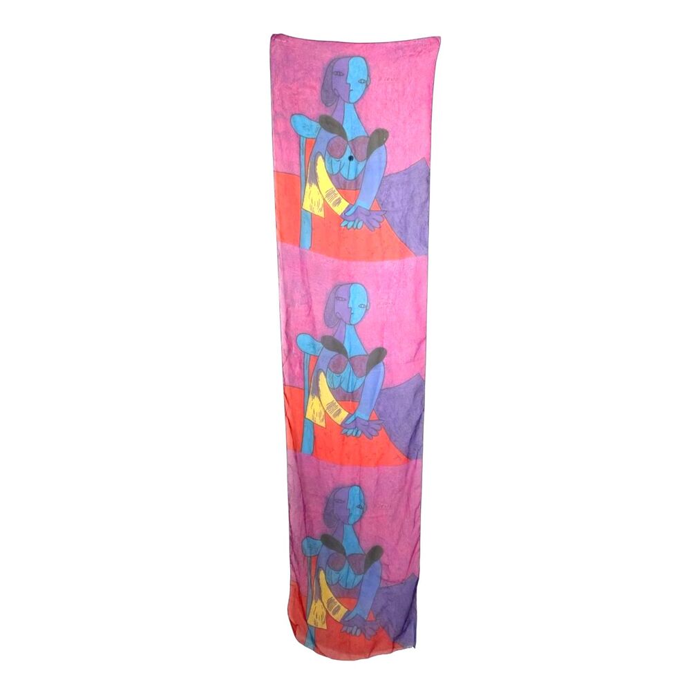 Picasso Style "Woman in an Armchair" Scarf Sheer Oblong Magenta Art Scarf 18x69